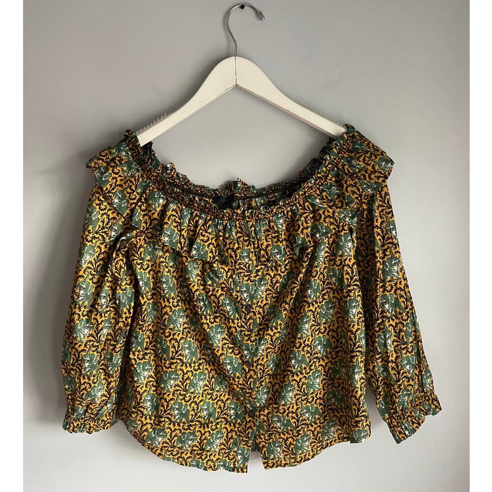 J.Crew Off Shoulder Blouse Button Up Elephants Whimsical Office 4 100% cotton